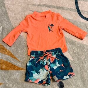 EUC Carter's Coral and Teal Kids Swim Rashguard Set Size 6 M